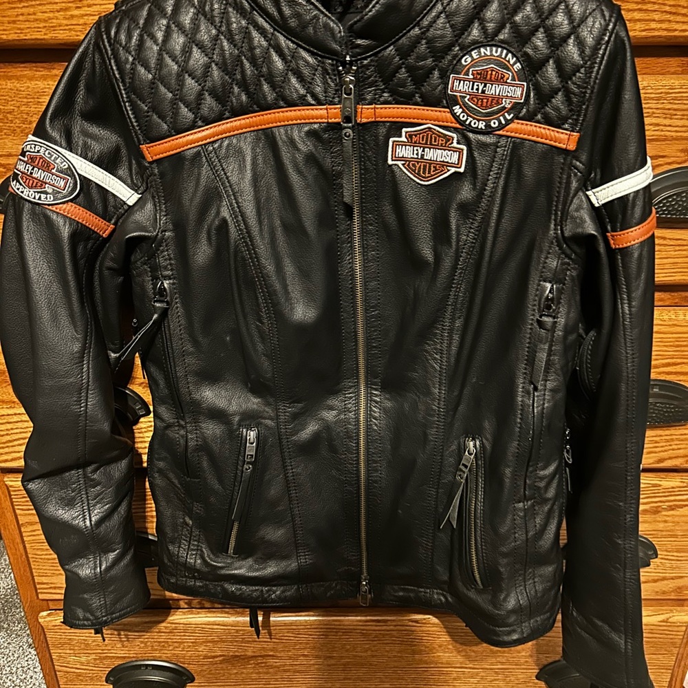 Harley-Davidson Black and Orange Leather Bomber Jacket